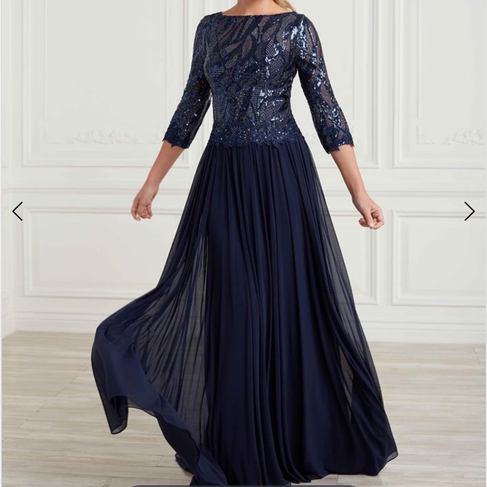Christina Wu Navy Sequin Long Sleeve Gown